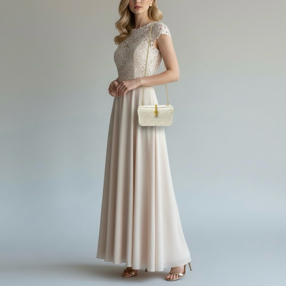 Inge Christopher Vintage Ivory Brocade Clutch Gold Chain Cocktail